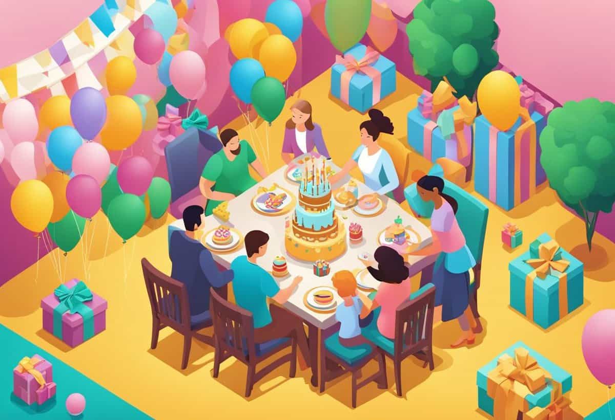 A colorful illustration of a group of people gathered around a table with a cake, celebrating a birthday party with balloons and gifts.
