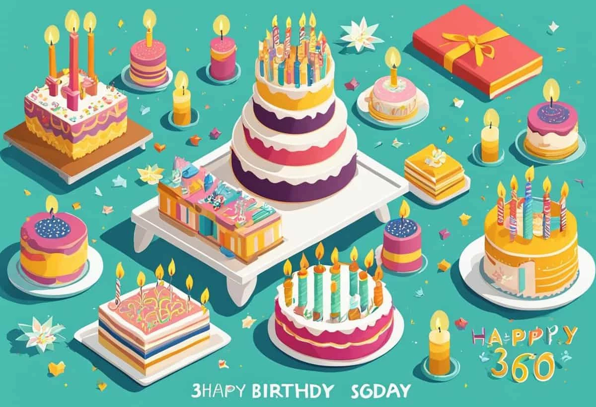 Assortment of colorful birthday cakes with candles and decorations on a teal background with a "happy birthday" message.