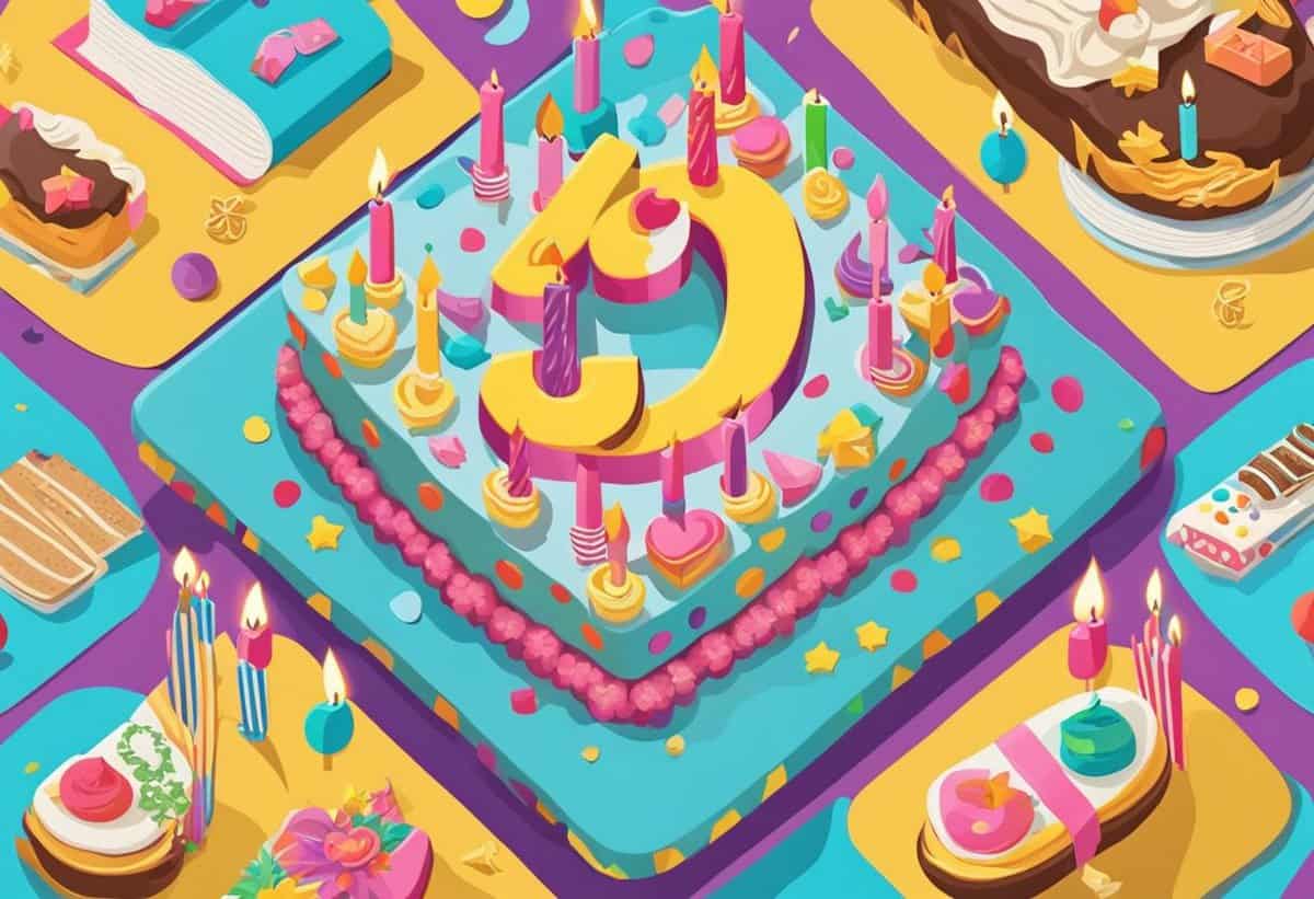 Colorful illustration of a festive birthday cake with a number '4' candle surrounded by various desserts and decorations.