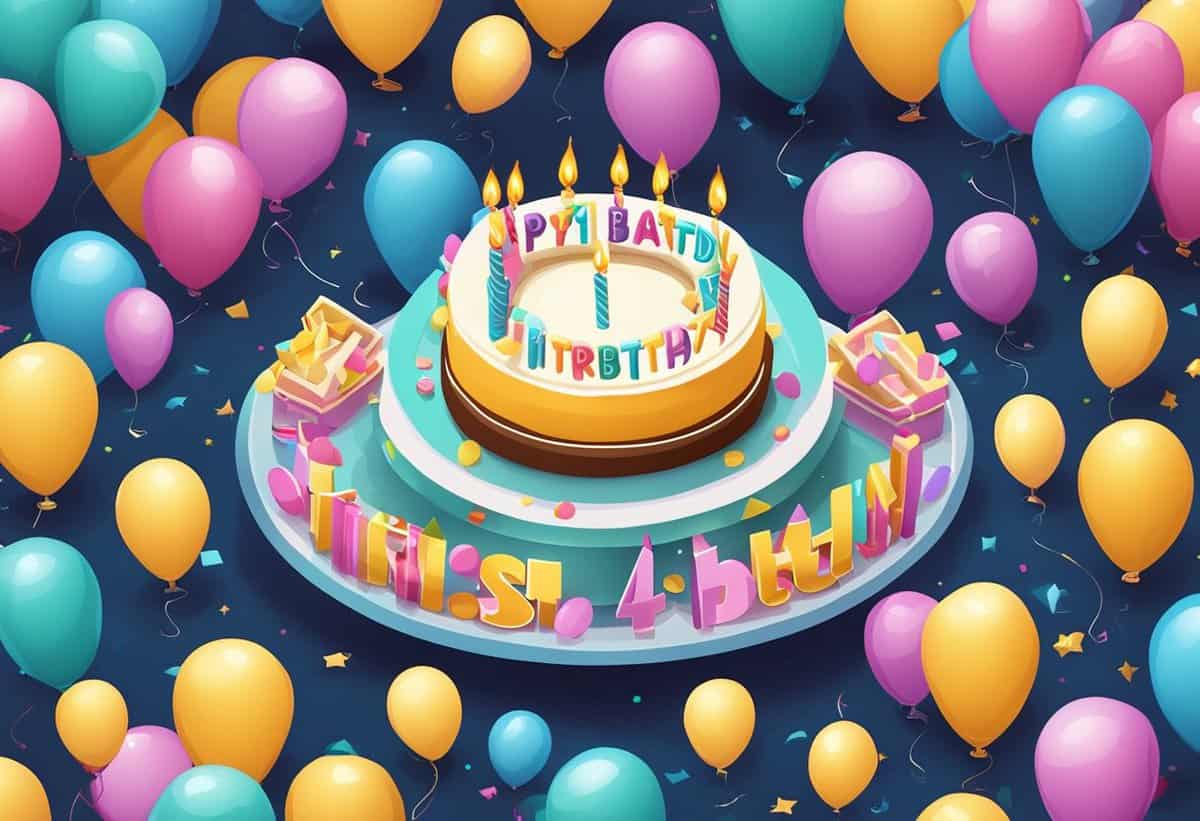 A colorful birthday celebration illustration featuring a cake with candles and surrounding balloons.