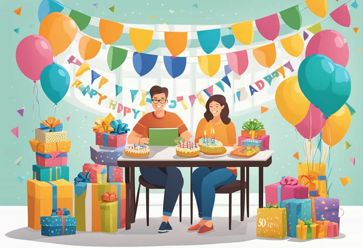 Two people seated at a table with cupcakes and gifts, celebrating a festive occasion with colorful decorations.