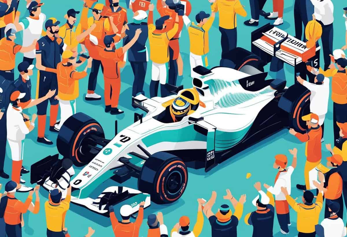 A stylized illustration of a formula 1 pit stop with team members and crew actively servicing a race car.