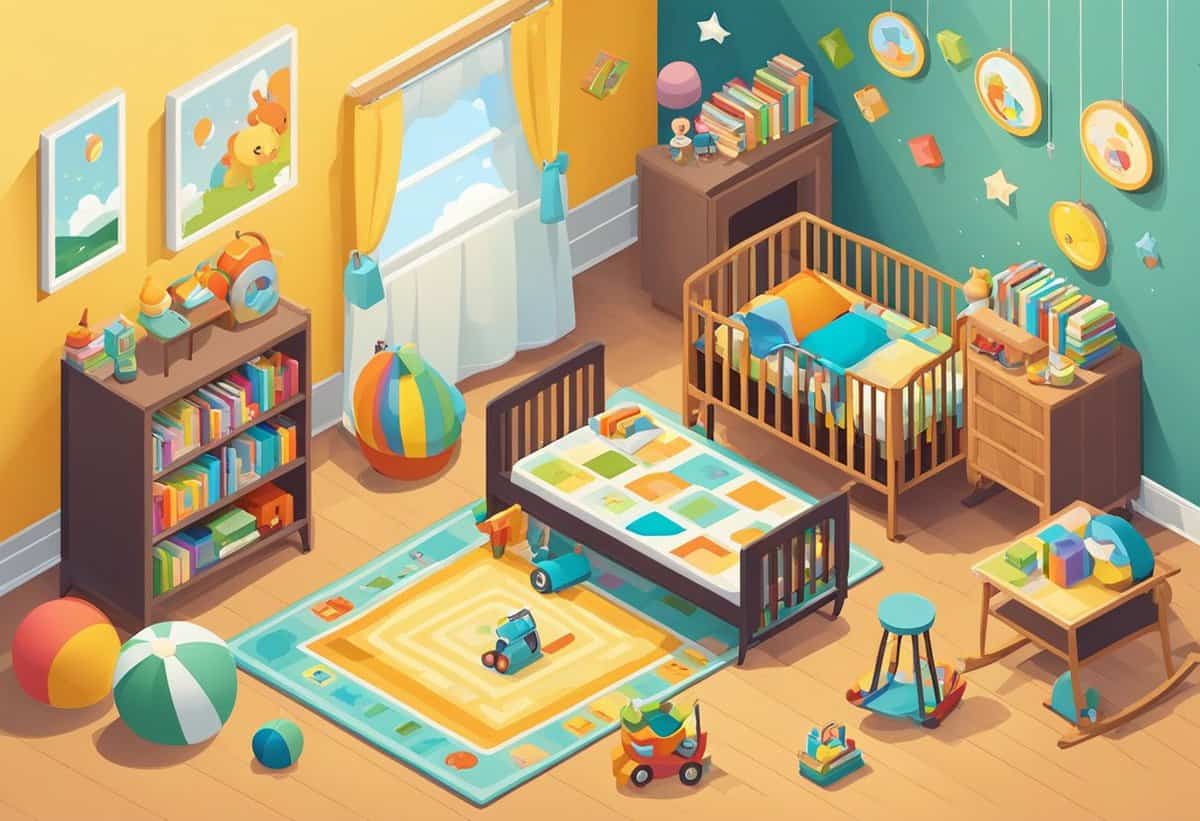 Colorful and tidy children's bedroom with two cribs, toys, and space-themed decorations.