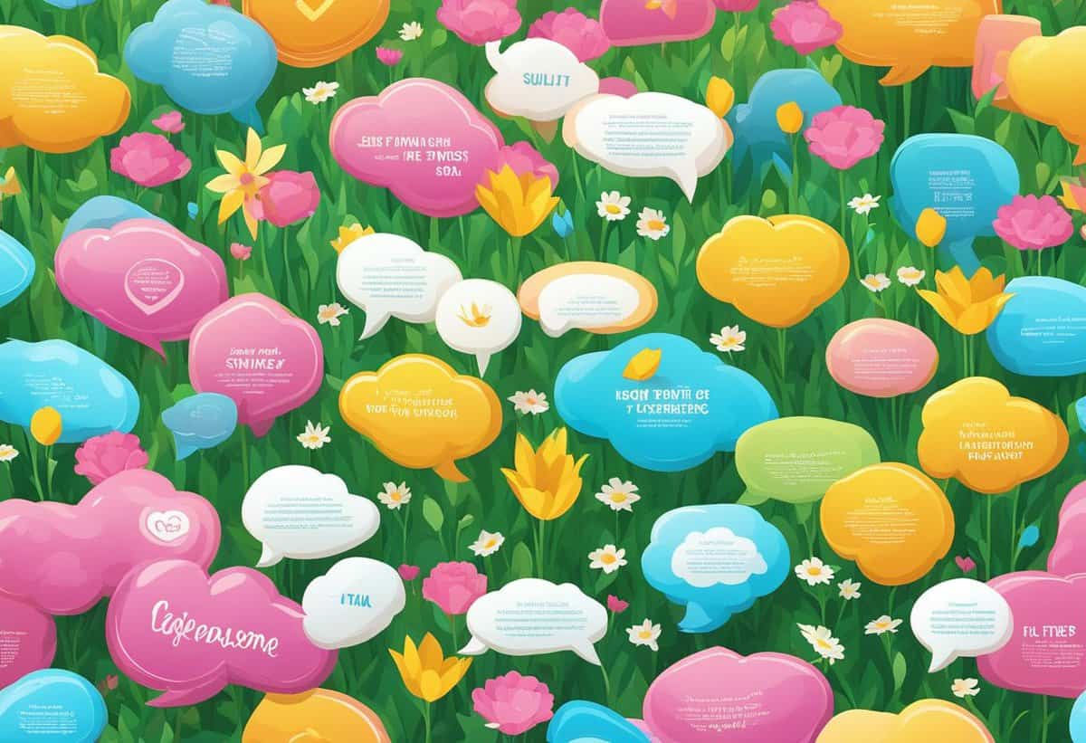 A colorful illustration of a field of tulips interspersed with speech bubbles containing various texts.