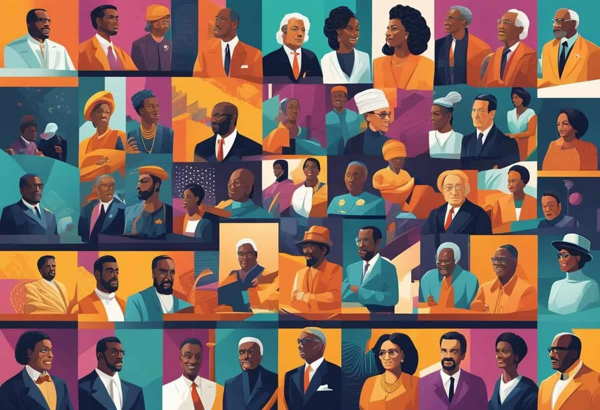 A colorful collage of illustrated portraits showcasing a diverse array of individuals in professional attire.