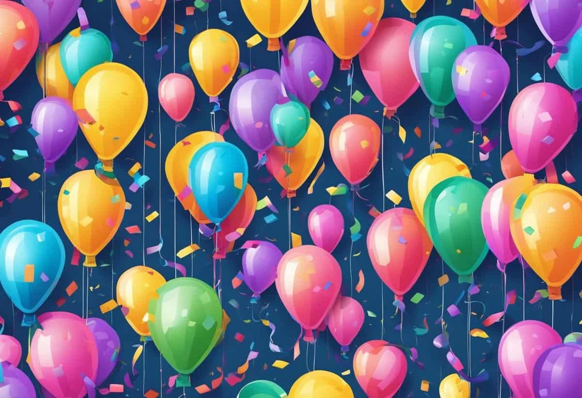 Colorful balloons and confetti on a blue background, suggesting a festive or celebratory atmosphere.