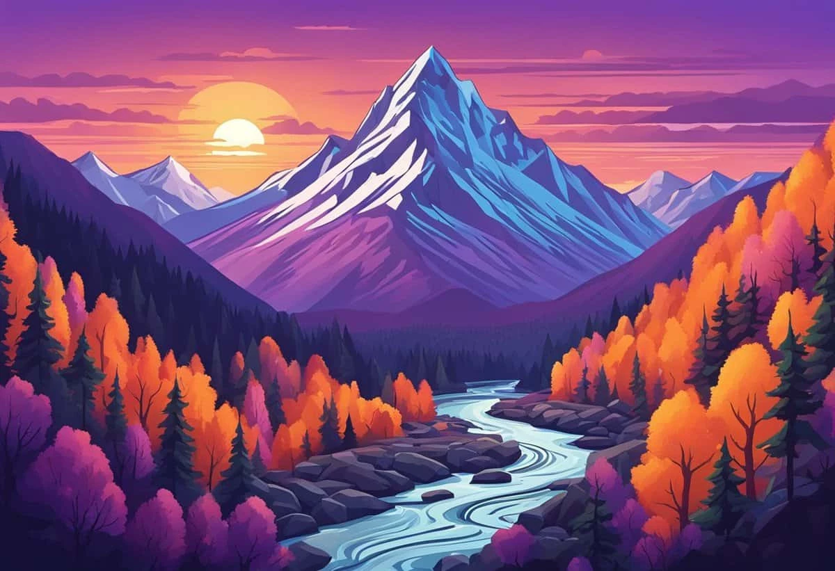 A vibrant illustration of a mountainous landscape at sunset with a river winding through a forest displaying autumn foliage.