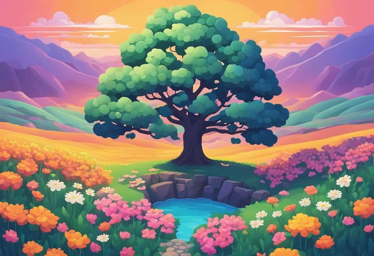 A vibrant, stylized illustration of a large tree with colorful flowers and a small stream set against a backdrop of mountains during sunset.