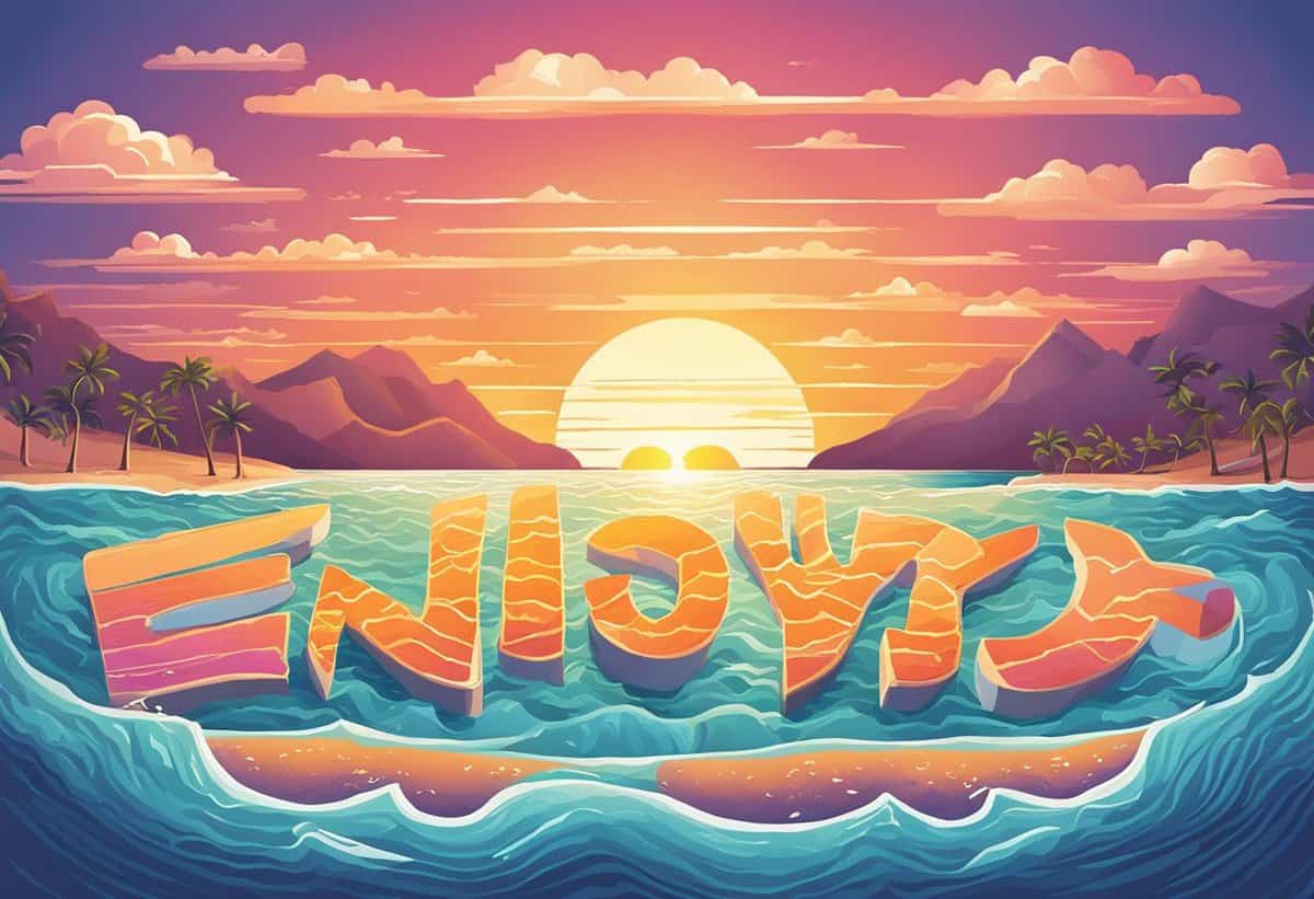 Illustration of a vibrant sunset over a tropical beach with "enjoy" text integrated into the waves in the foreground.