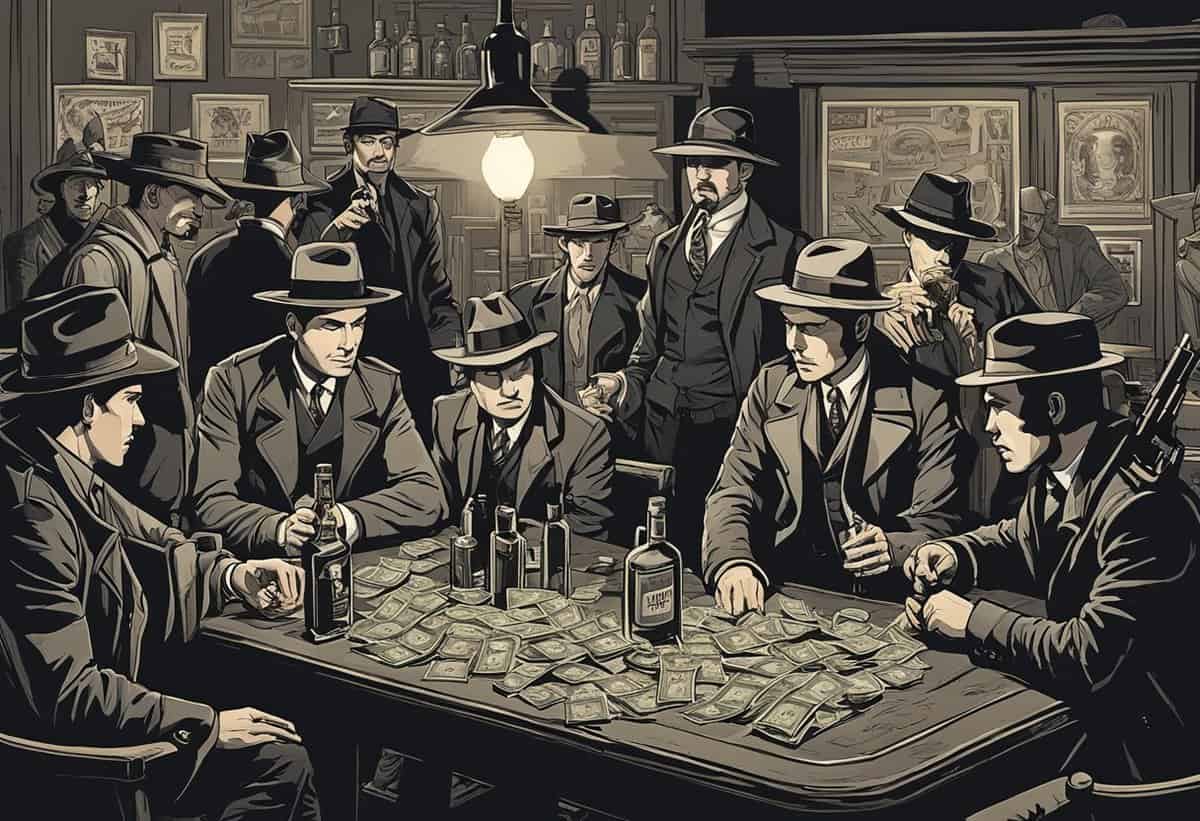 Illustration of men in vintage attire engrossed in a tense poker game in an old-fashioned bar setting.