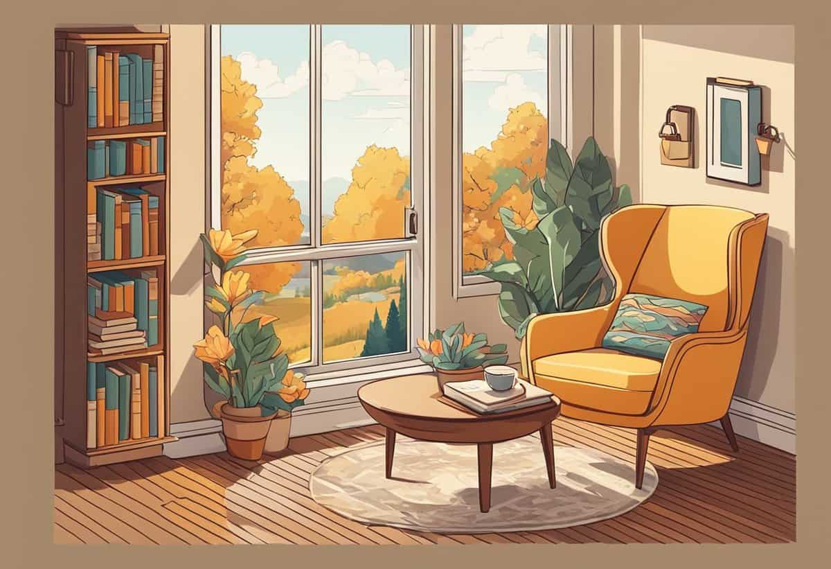 Cozy autumnal reading nook with an armchair and a view of fall foliage.
