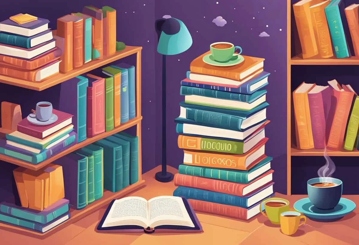 A cozy reading nook at night with a stack of books, an open book on a table, a cup of coffee, and a bookshelf against a starry window background.