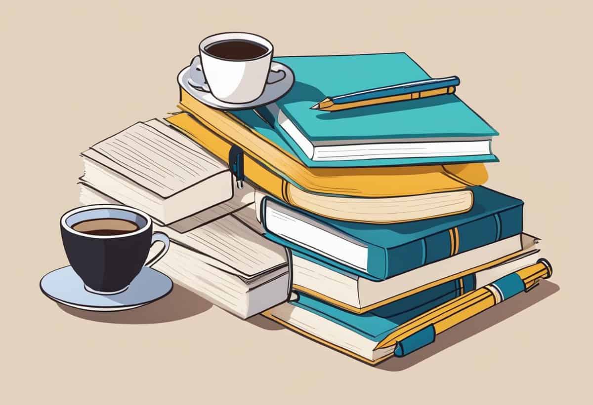 A stack of books with a cup of coffee on top and beside it on a flat surface.