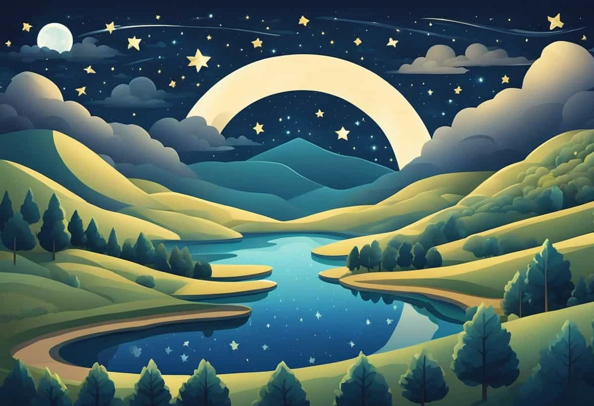 Illustration of a tranquil night landscape with a crescent moon, stars, rolling hills, and a winding river.