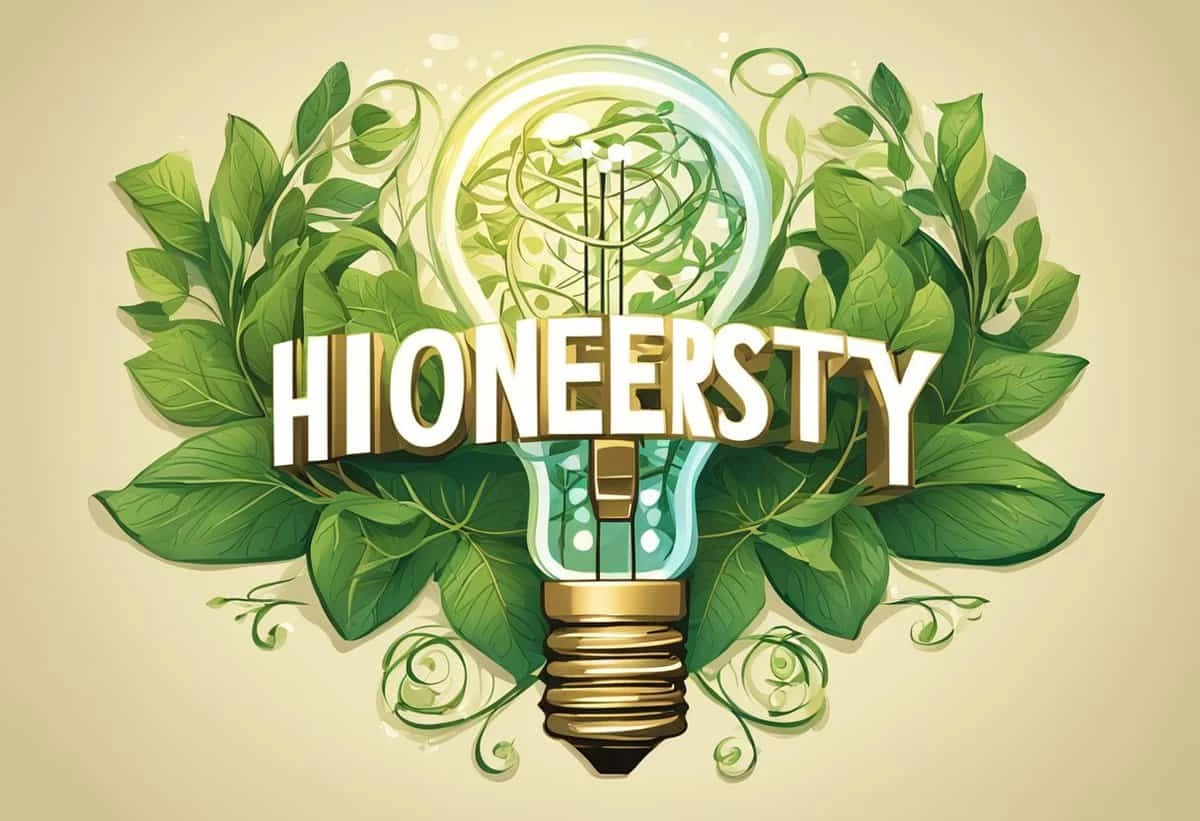 Graphic illustration of a lightbulb with green leaves and the word "hionersty" displayed in a stylized font.