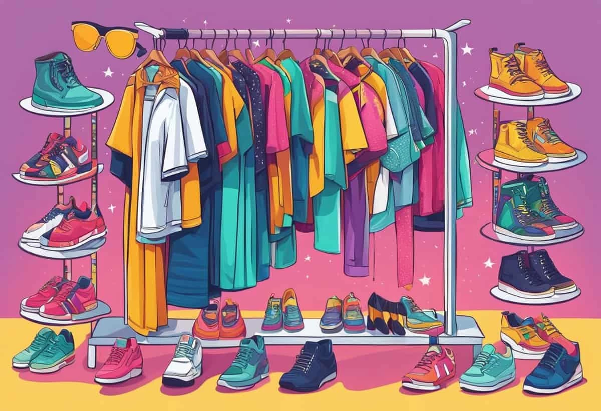 Colorful assortment of clothing and sneakers displayed on a rack and shelves against a pink and purple background.