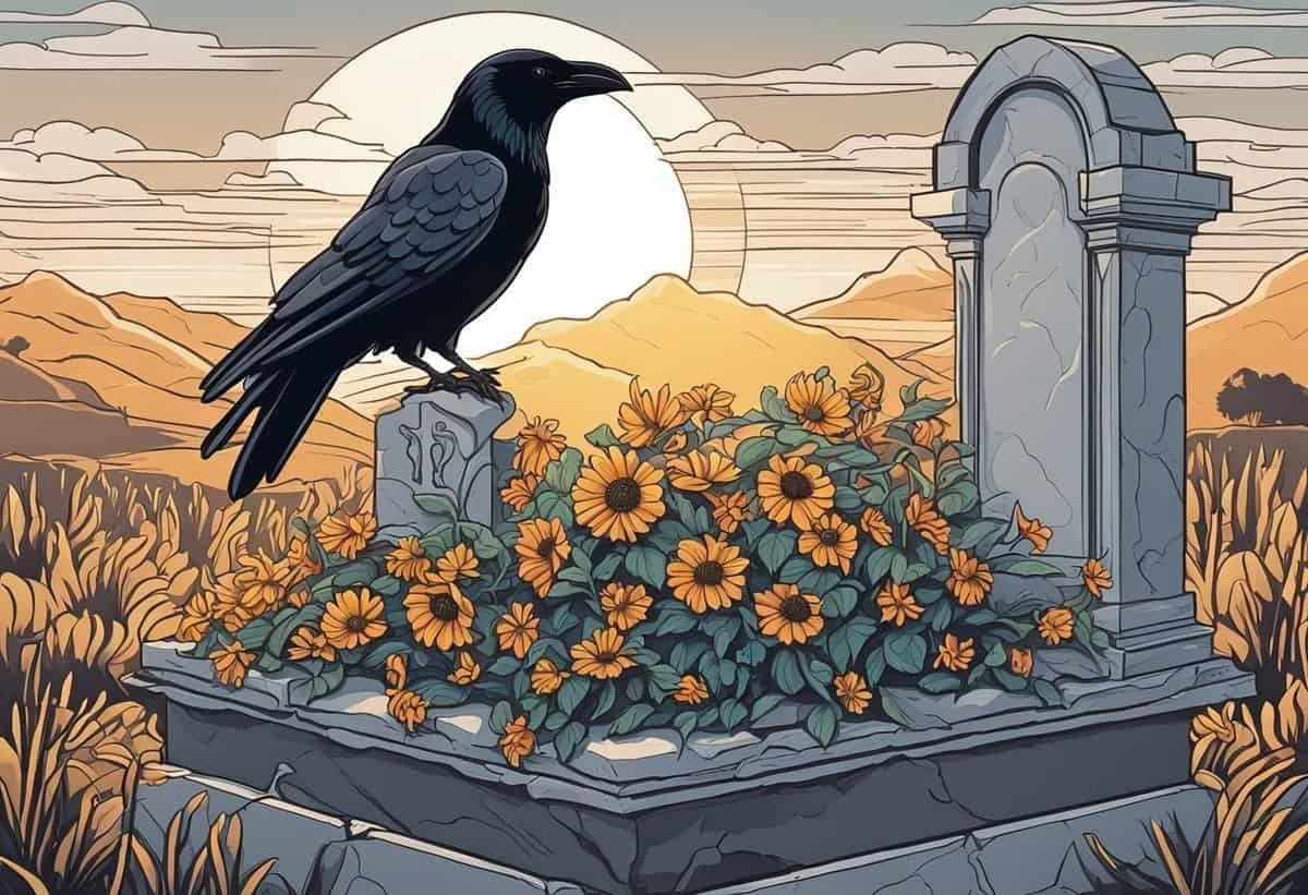 A raven perched on a gravestone surrounded by blooming flowers at sunset.