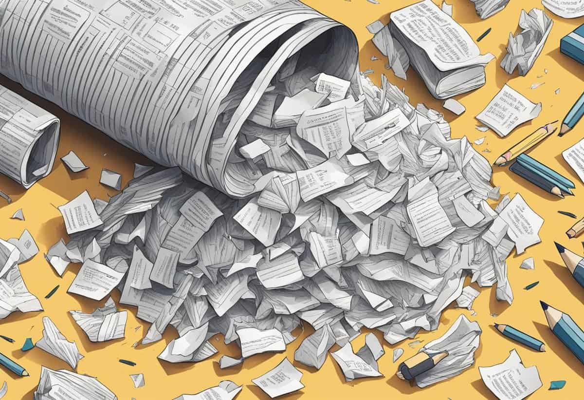 A large pile of crumpled papers spilling out of an overturned trash bin onto a yellow surface.