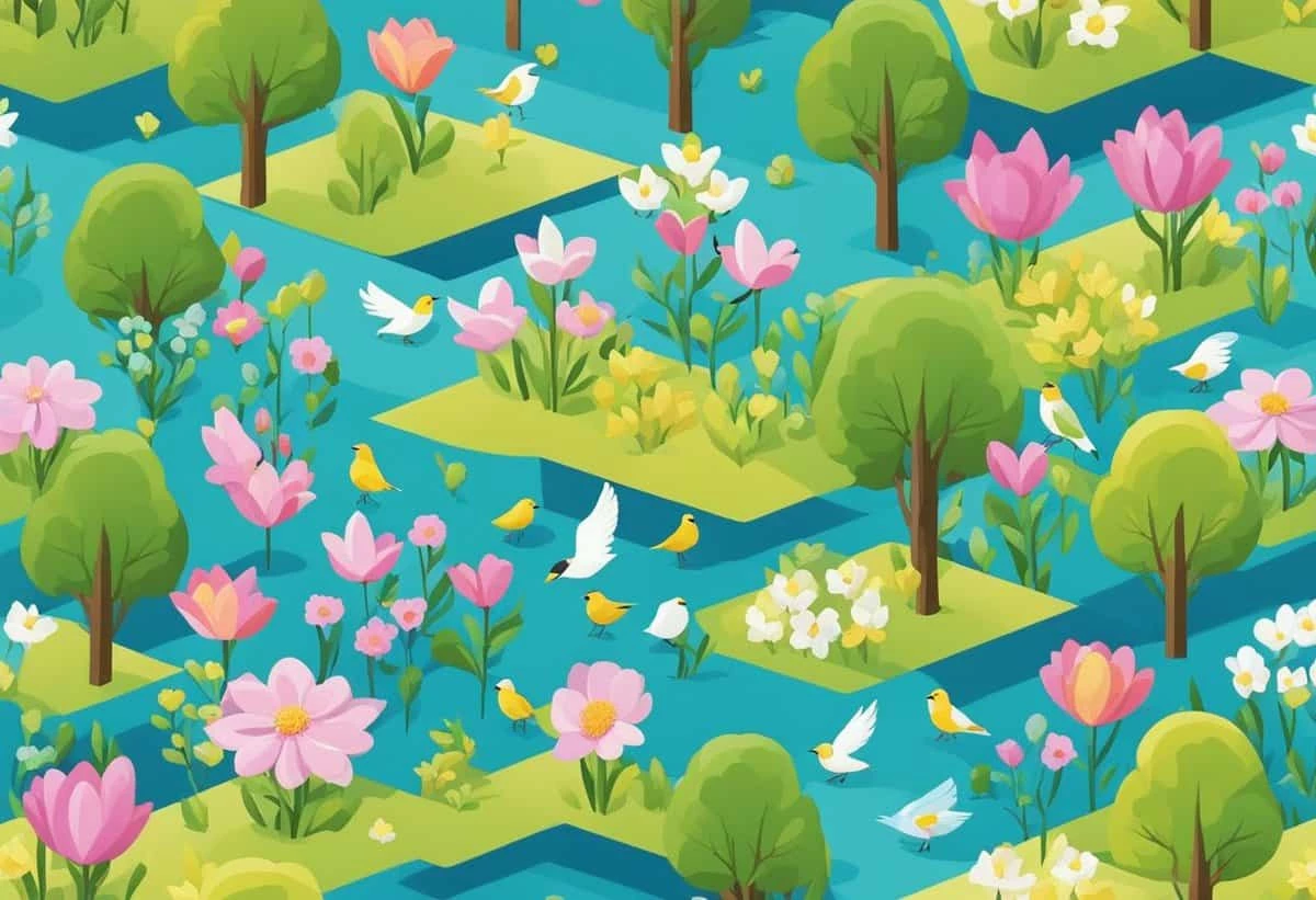 Illustration of a vibrant, stylized spring scene with patterned flowers, birds, and trees.