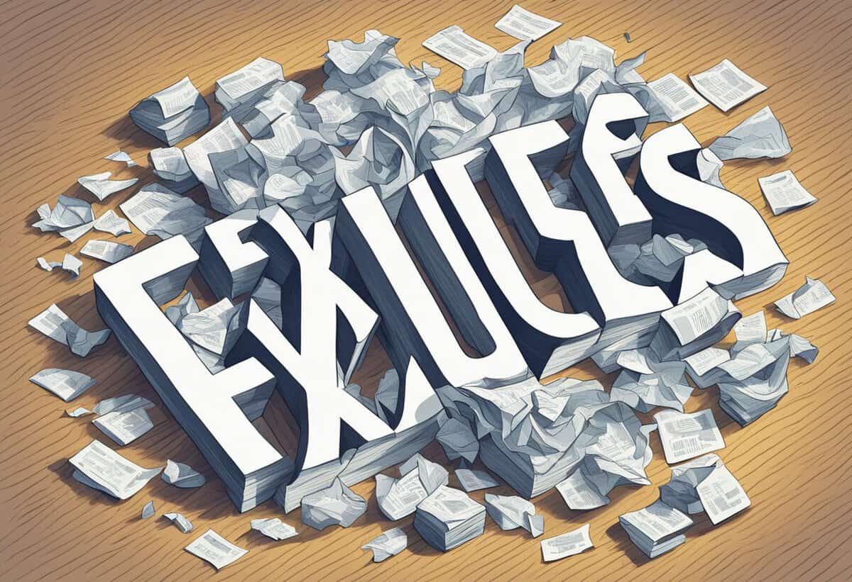 A creative illustration depicting the word "excuses" surrounded by crumpled pieces of paper on a wooden surface.