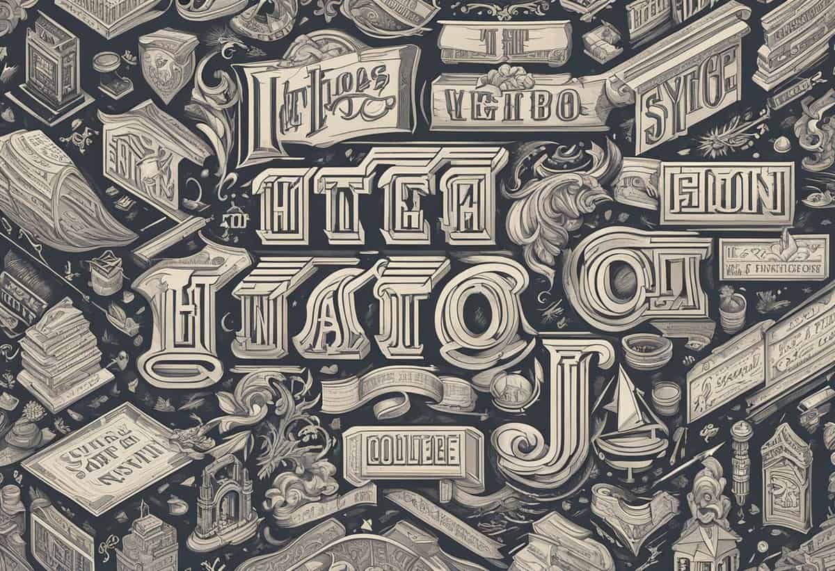 A monochromatic illustration featuring an intricate array of vintage-inspired typography and decorative elements.