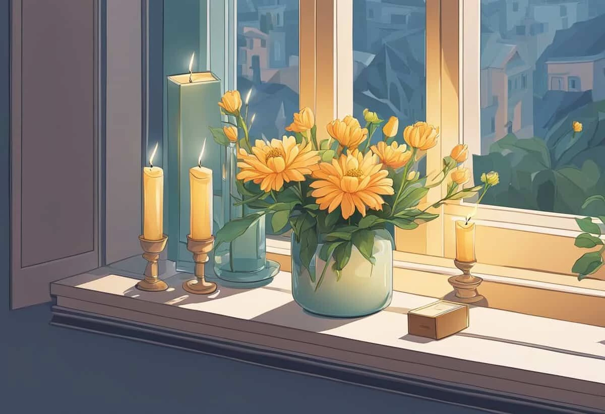 A tranquil scene with a vase of yellow flowers and lit candles on a windowsill at dusk.