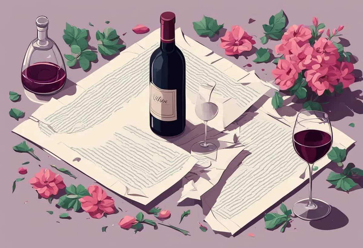 Bottle of wine with two glasses, scattered rose petals, and sheets of paper on a pastel background.