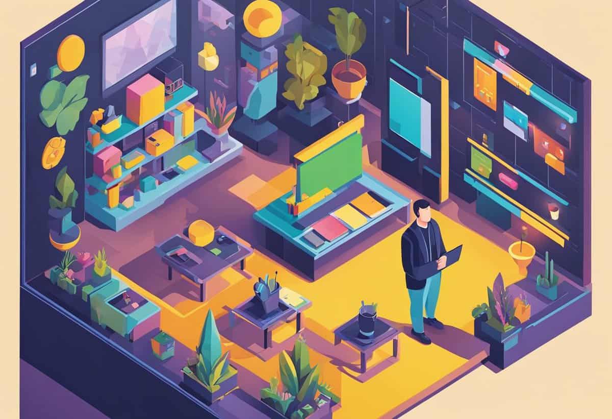 A colorful isometric illustration of a modern office interior with a sole person holding a tablet.