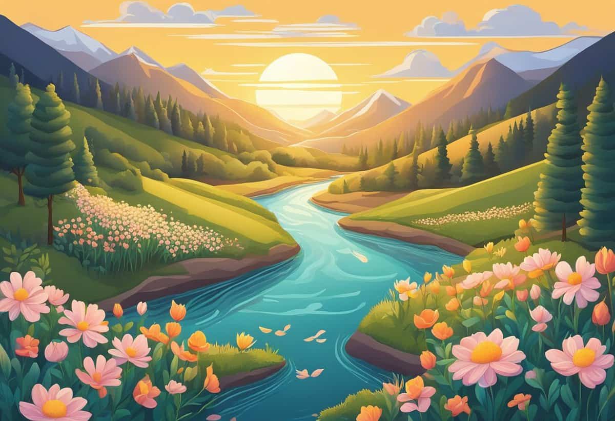 Idyllic sunrise over a serene mountain landscape with a flowing river and blooming flowers.