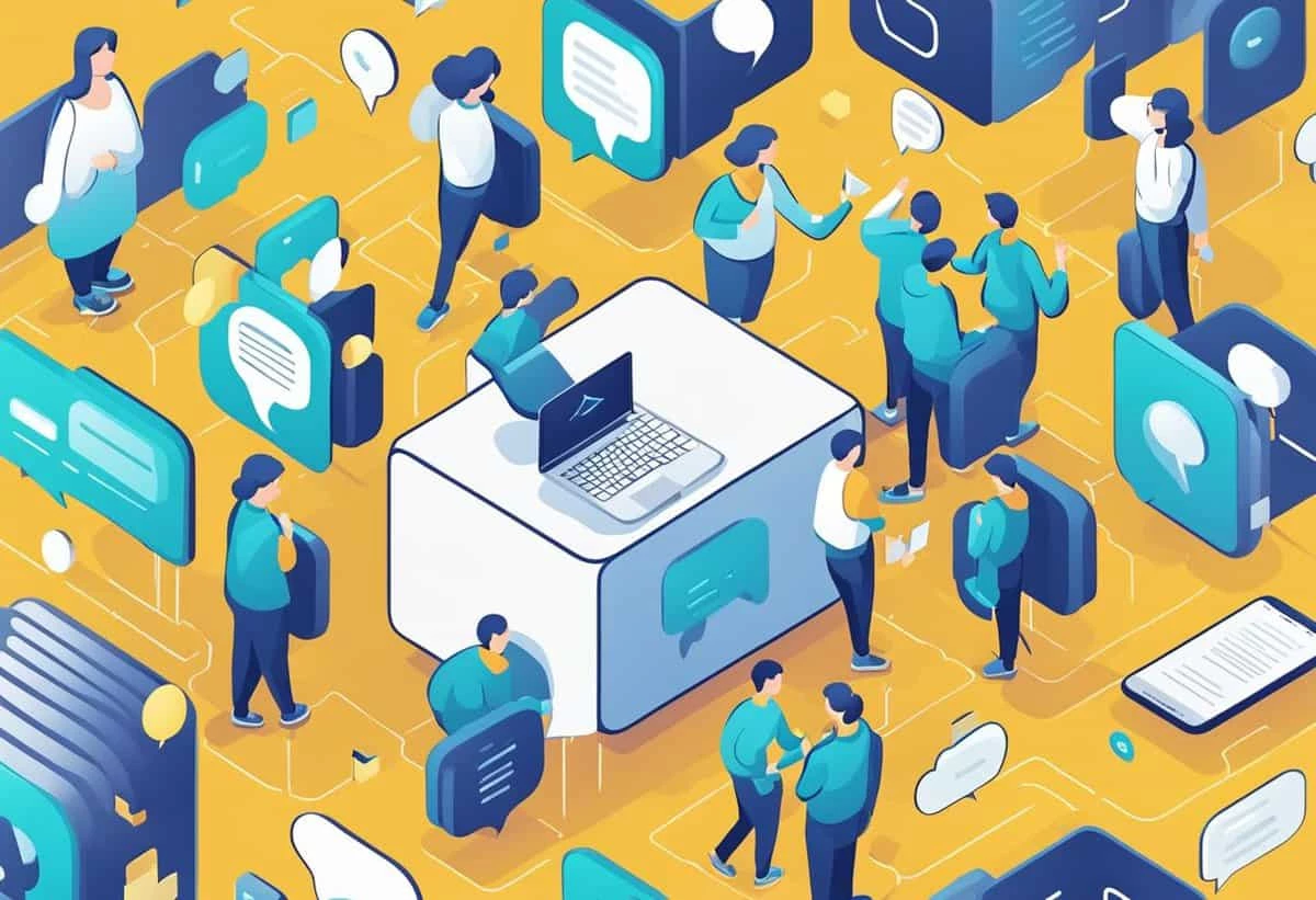 An isometric illustration depicting a lively networking event with individuals engaged in conversations, surrounded by digital icons symbolizing communication.