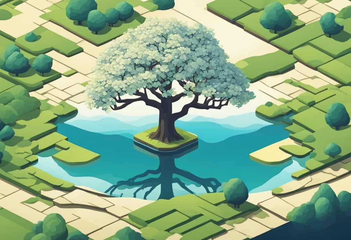Isometric illustration of a stylized tree on a floating island above water, surrounded by greenery.