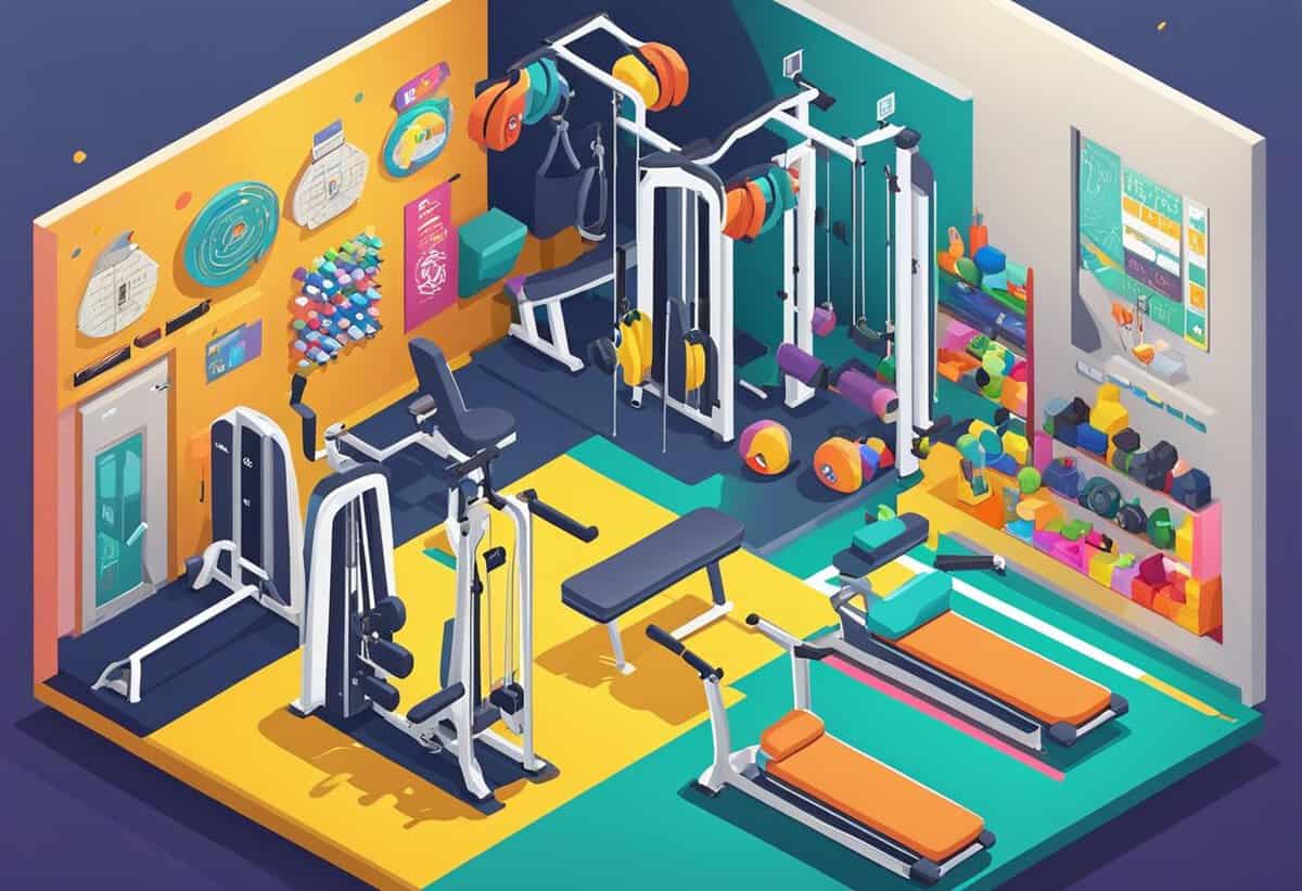 Isometric illustration of a colorful, well-equipped gym interior with exercise machines and weights.
