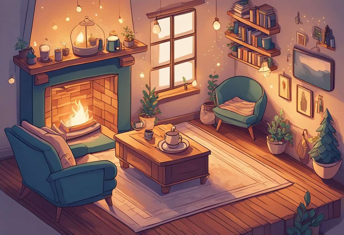 Cozy evening in a warm living room with a fireplace, comfortable chairs, and bookshelves.