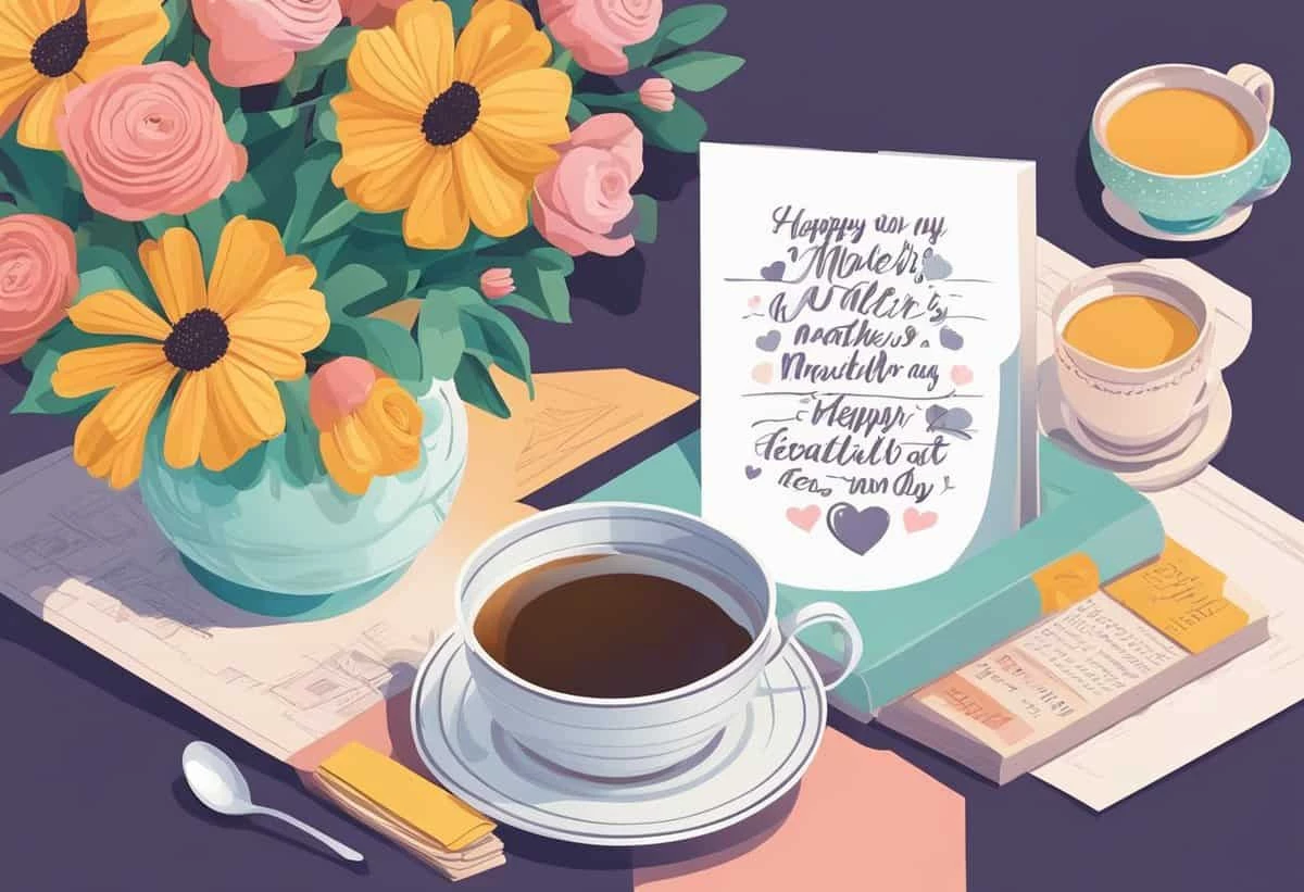 A cozy mother's day setting with a card, fresh flowers, and a warm cup of tea.
