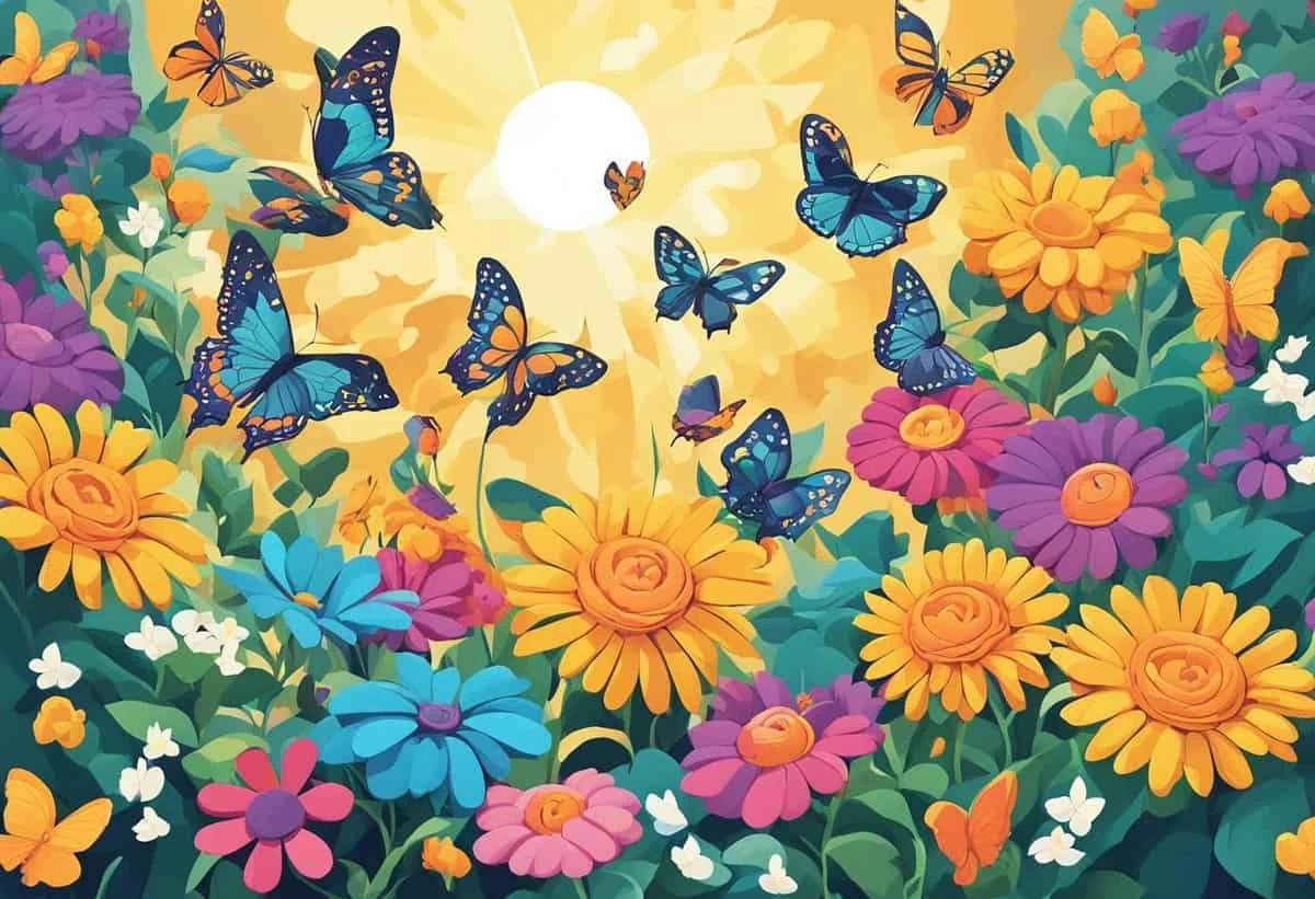 Vibrant illustration of butterflies fluttering over a field of colorful flowers with a sun in the background.
