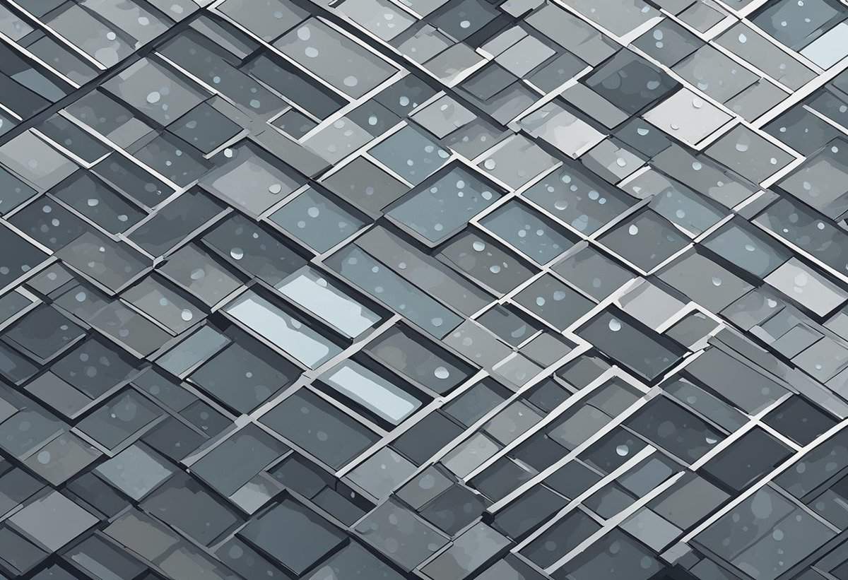 Geometric pattern of a modern building's glass facade with varying shades of gray.