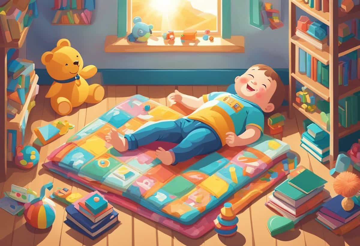 A 3-month-old baby napping on a colorful play mat in a cozy, toy-filled room.