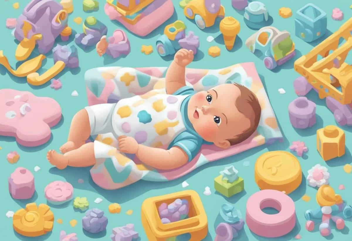 A baby lying on a blanket surrounded by colorful toys.