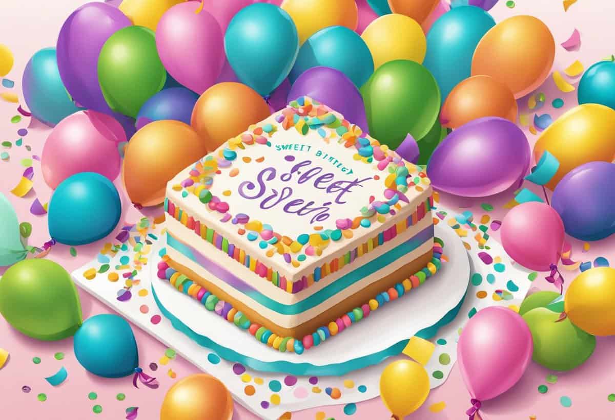 A colorful birthday cake with the words "sweet sixteen" surrounded by vibrant balloons on a pink background.
