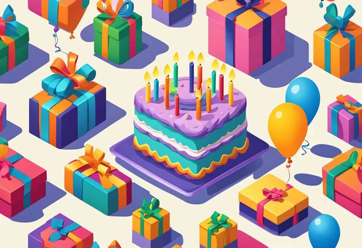 Colorful illustration of a birthday cake with candles surrounded by gifts and balloons.