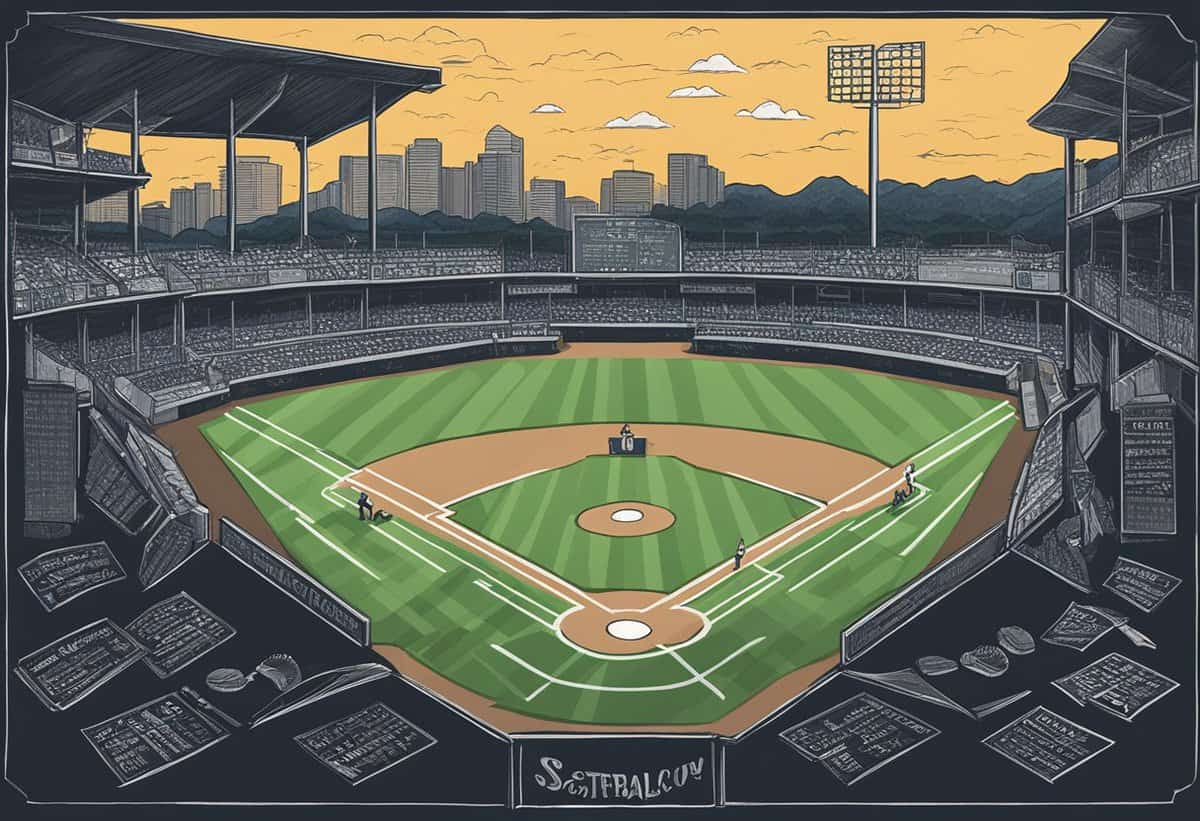 Illustration of an empty baseball stadium at dusk with city and mountains in the background.