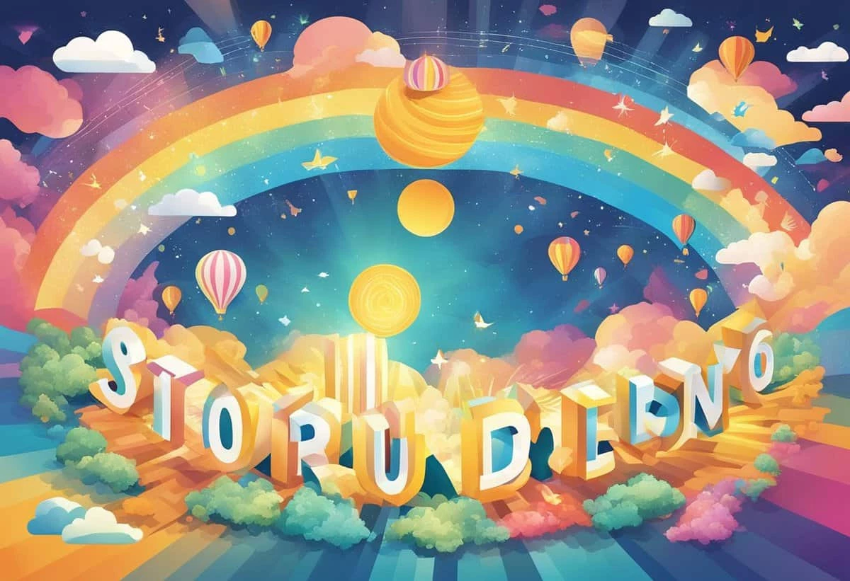 Colorful illustration featuring a vibrant rainbow, hot air balloons, floating islands, and stylized text amidst a whimsical sky.