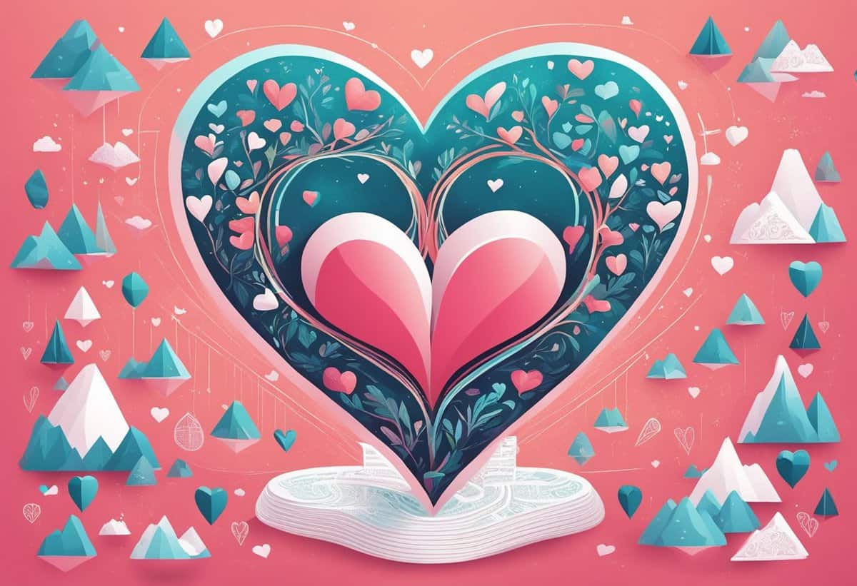 A stylized illustration featuring an open book with pages forming a heart shape, surrounded by trees, leaves, and smaller heart motifs on a pink background with geometric shapes and mountains.