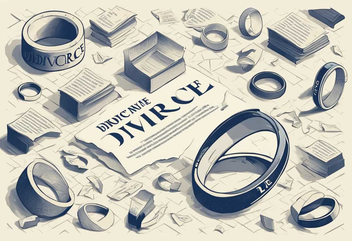 Illustration of divorce concept with broken wedding rings and legal documents scattered on a surface.