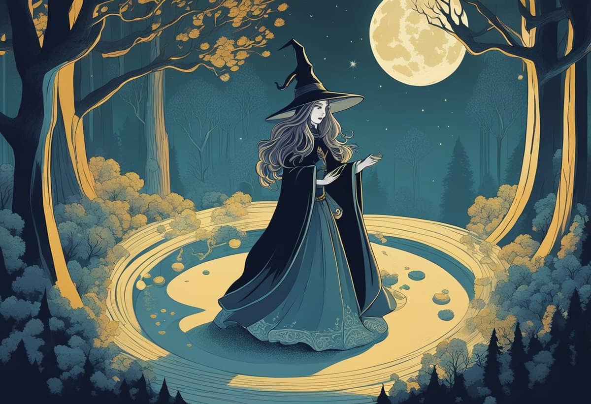 A stylized illustration of a witch walking in a moonlit enchanted forest.
