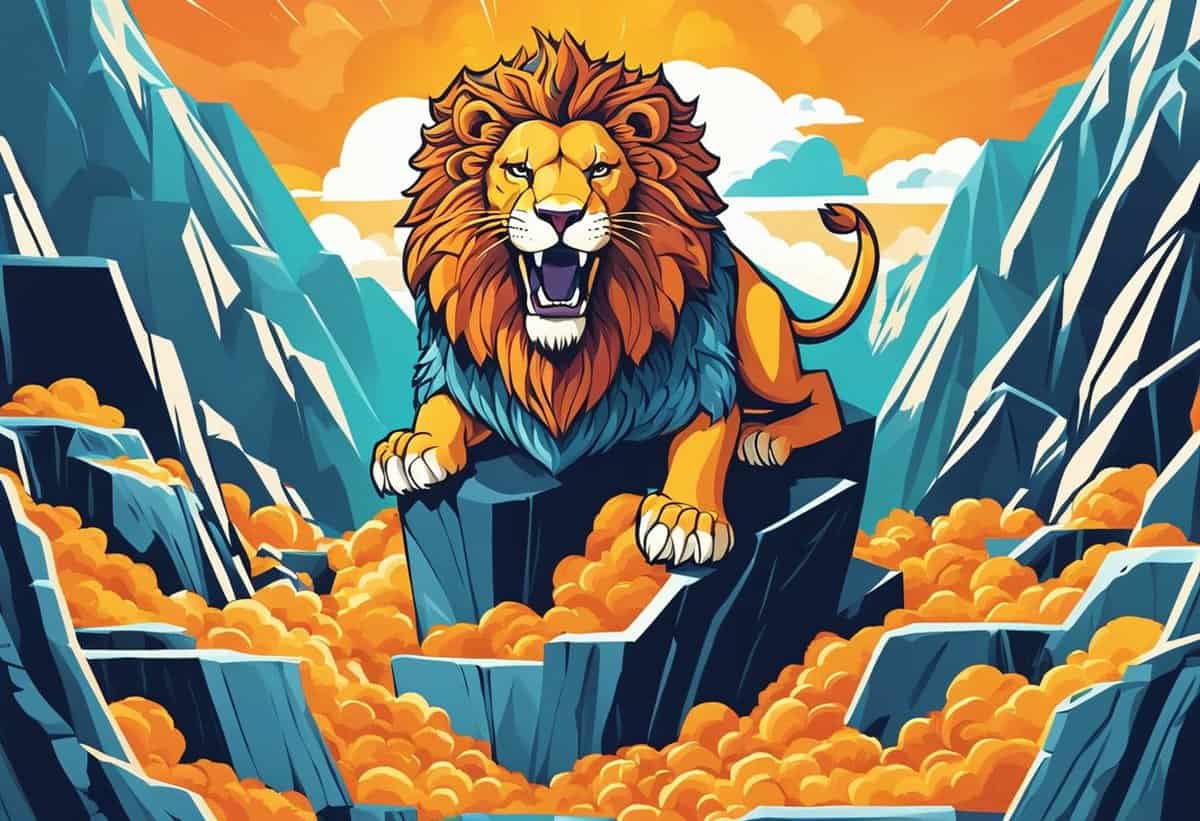 A stylized illustration of a roaring lion standing atop a rocky cliff with a vibrant blue and orange background.