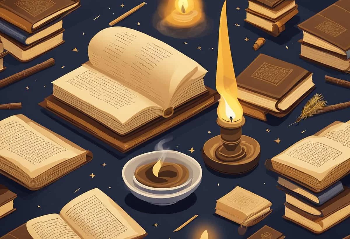 A serene study scene with open books, a lit candle, and a quill on a dark background.