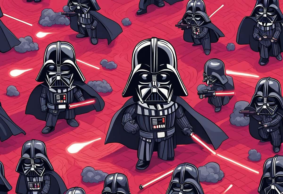 Illustration of multiple darth vader characters from star wars with red lightsabers on a red background.