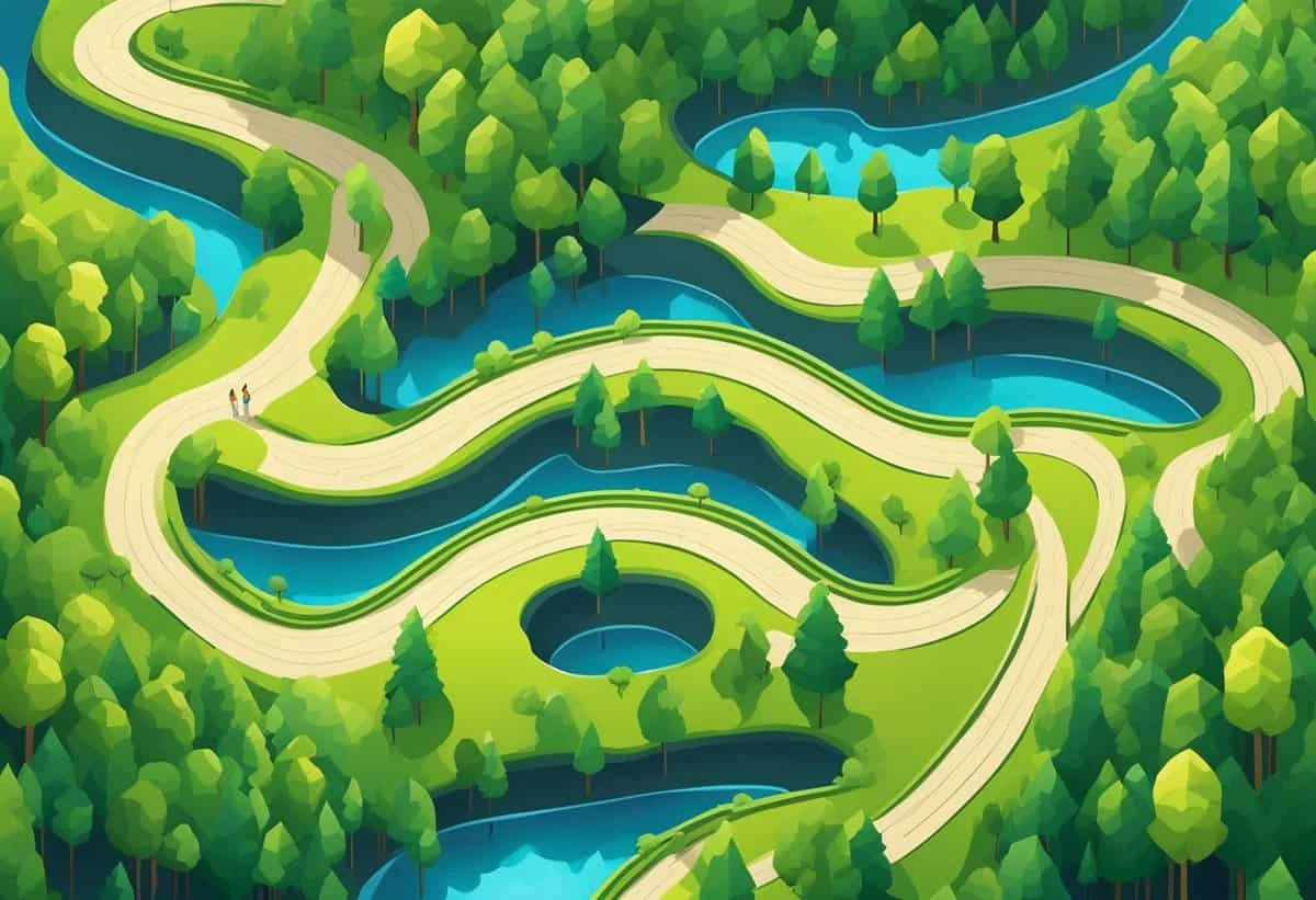 Winding roads and rivers meander through a lush, stylized forest landscape.