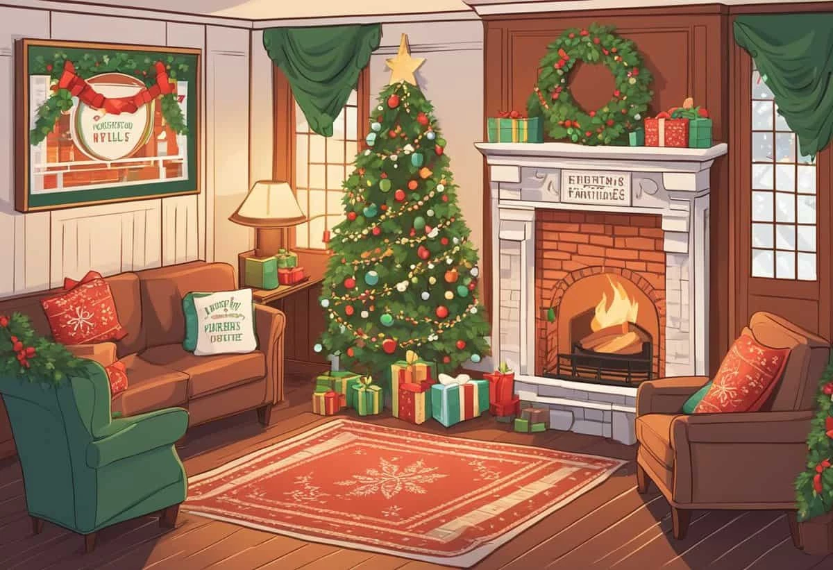 A cozy christmas-themed living room with a decorated tree, gifts, and a lit fireplace.